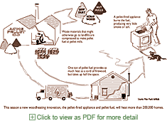 Infographic (vector): pellet fuel from scrap to home heating
